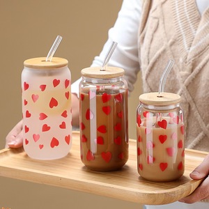 Personalized Full Customized 12oz 16oz Clear Frosted Coffee <strong>Glass</strong> Beer Can <strong>Drinking</strong> <strong>Glass</strong> With <strong>Bamboo</strong> Lid and Straw Bulk