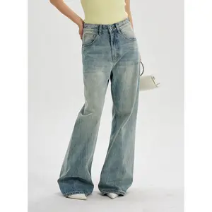Denim geniş bacak pantolon popüler sokak ince ince yüz pantolon yıkanmış soluk mikro Flare düz kadın Chic yüksek dokuma ODM