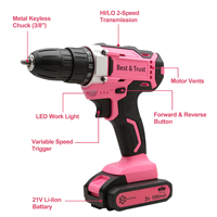 Perceuse sans fil rose 21V avec jeu de douilles, perceuse à main domestique, batterie 1,5 Ah, mandrin 10 mm, embouts de tournevis à tige flexible, outil de bricolage