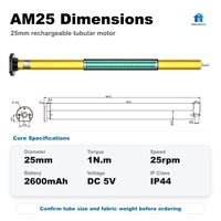 Motor Tubular Recargable A-OK AM25 de 25 mm para Persianas Enrollables, Motor Inteligente para Persianas con Batería
