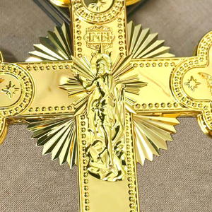 Cruz Procesional Ortodoxa Oriental, Chapada en Oro, Grabada por Ambos Lados, Aleación de Zinc, Cruz Religiosa con Ángeles y <span class=keywords><strong>Doce</strong></span> Apóstoles, 75 cm - Product Image 5