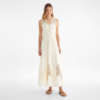 Robe midi personnalisée pour femme avec étiquette privée, en dentelle ivoire, sans manches, col en V, boutonnée sur le devant, taille smockée, plissée, style bohème