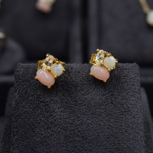 Ready Ship S925 14K Gold Plated Stud Chunky Natural Pink Opal White Topaz Earring Customizable Retails OEM ODM <b>Model</b> E-12077-<b>D</b> - Product Image 2