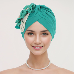 HZM-24299 nouvelles musulman fleur tête casquette Logo personnalisé bandeau femmes élastique perle turban chapeaux - Product Image 6