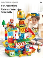 FEELO Blocs de construction éducatifs en plastique à grandes particules pour enfants, avec piste, toboggan et parking pour voitures à assembler