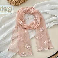 Selendang Panjang Renda Bordir Tipis Vintage Elegan Musim Panas 145*30cm Warna Solid Hiasan Leher Motif Bunga