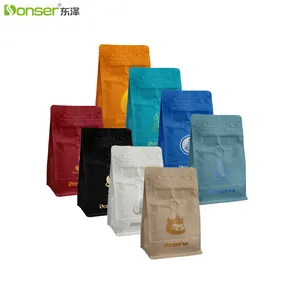 Bolsa de café Kraft de 250g, reciclaje de fábrica, fondo plano personalizado, a prueba de humedad, embalaje de alimentos, bolsas de papel artesanales con válvula