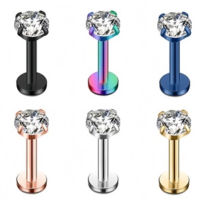 Piercing de lèvre en acier inoxydable avec zircon, fond plat, serti à griffes, style européen, cadeau pour femme - Product Image 1