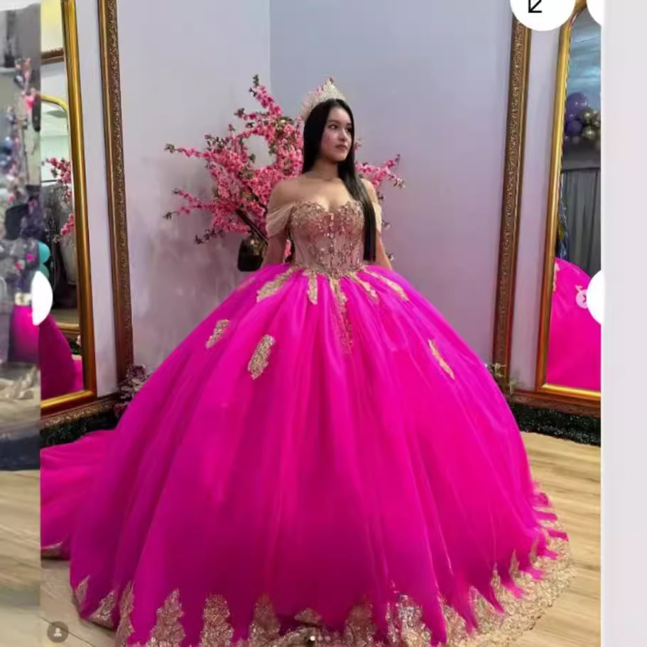 open lace back dress Off Shoulder Fluffy Hot Pink Lace Long Prom Dress with Slit, Hot Pink –  abcprom main image 0