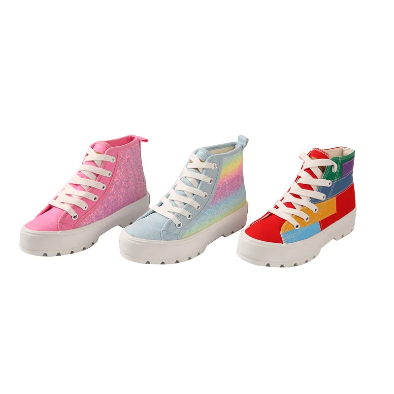 Custom Canvas Shoes Children Spliced Bright Design High Top White Shoe Rope Canvas Shoes