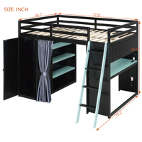 Lit mezzanine moderne en bois pleine taille avec armoire, étagères, rideaux occultants, lumières RGB et design de lit douillet