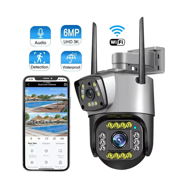 SC02-wifi Dual Lens Camera 360PTZ 8MP Good Quality Hot Sale PIR Humanoid Tracking Outdoor Waterproof Factory Wireless Camera