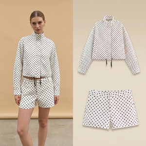 Ensemble chemisier et short en coton à pois pour femme, manches longues, col montant, coupe ample, taille à cordon, pois blancs et noirs, tenue décontractée - Product Image 3