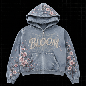 Sudadera con capucha personalizada de felpa francesa lavada con cremallera, bordado de flor de cerezo, aplique, estilo urbano desgastado, sudadera con capucha personalizada para hombre - Product Image 1
