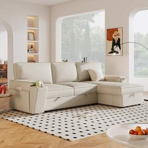 Оптовая продажа: Диван-кровать 2-в-1 из вельвета с выдвижным спальным местом, трансформируемый в кушетку, угловой диван-кровать с отсеком для хранения и скрытыми подстаканниками - Product Image 1