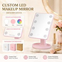 Miroir de maquillage à 8 ampoules LED avec commande tactile, miroir de table rectangulaire et base ronde