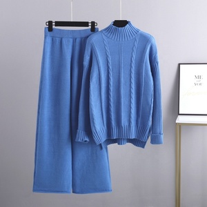 Demi pull à col roulé pull torsadé solide haut tricoté à la main et <span class=keywords><strong>pantalon</strong></span> à jambes larges salon 2 pièces ensemble pour femmes pull ample costume - Product Image 3