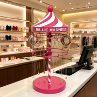 Carrousel rose 360 °   Présentoir rotatif de comptoir pour bijoux, avec logo personnalisé, double couche de crochets, présentoir POP pour boutique de bijoux