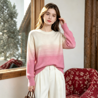 Pull en cachemire 100 % décontracté pour femme, col rond, tricoté, manches longues, motif dégradé, respirant, hiver, logo frontal