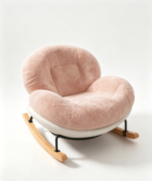 Fauteuil à bascule moderne en peluche capitonné rose, tissu moelleux, design cocon, mousse à mémoire de forme, pieds en bois massif
