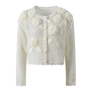 Pull court en tricot ajouré à manches longues et col rond, style décontracté et romantique à la <span class=keywords><strong>française</strong></span>, en <span class=keywords><strong>laine</strong></span>/viscose, avec fermeture boutonnée - Product Image 1