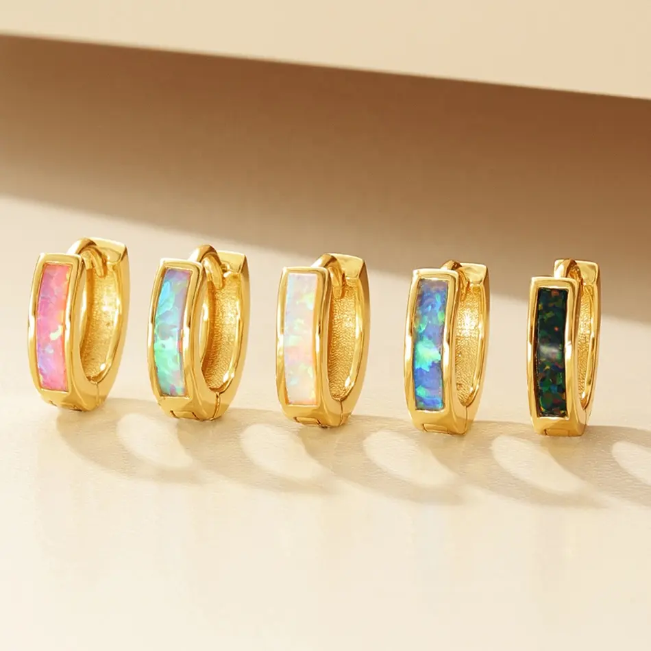 Perhiasan warna-warni nagosa 18k emas vermeil 925 perak murni tatahan opal persegi panjang anting simpai huggie