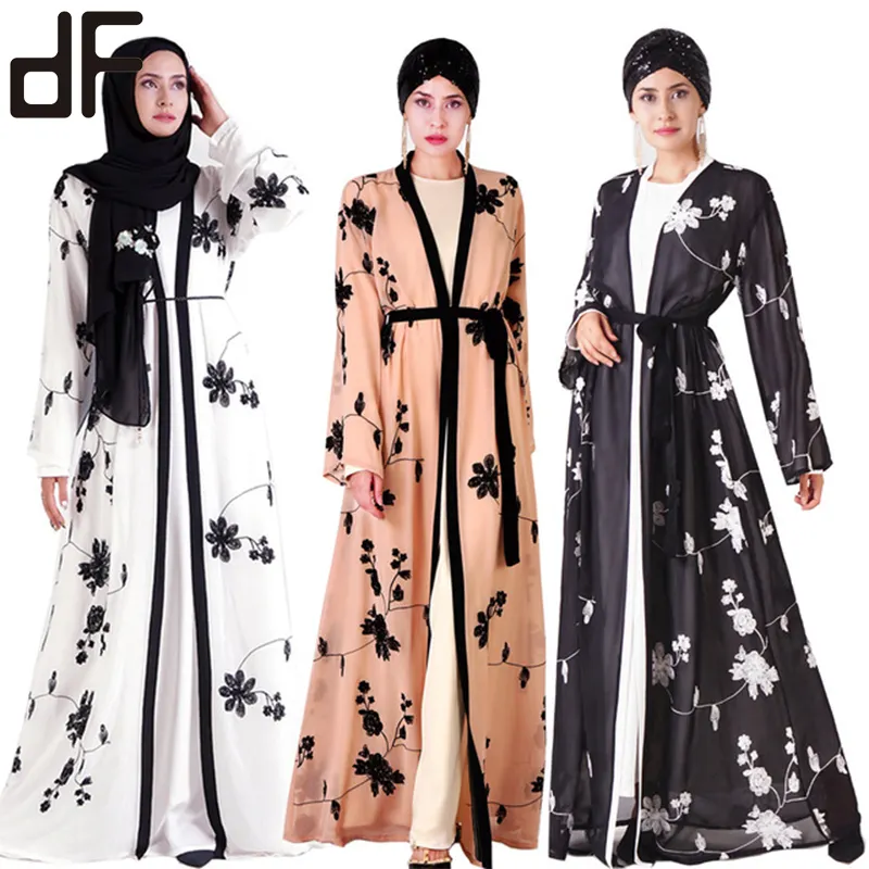 Oem islam tùy chỉnh voan lụa phụ nữ phía trước mở Kimono Arabic phong cách Dubai hồi giáo Đen ren thêu hồi giáo dài tay áo Dresses