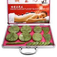 Ensemble de 21 pierres chaudes de massage en jade olive avec chauffe-pierres et planche de raclage, idéal pour les professionnels ou les spas à domicile