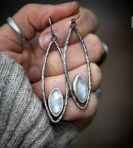 Marquise Brilliant Cut Bezel Set Rainbow Moonstone Designer White Rainbow 925 Sterling <b>Silver</b> <b>Earring</b> <b>Dangle</b> Hoop <b>Earring</b> - Product Image 1
