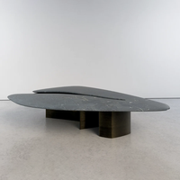 Table basse en marbre en forme d'aile, deux pièces, surface de forme libre, piédestal en métal foncé, décoration haut de gamme pour la maison