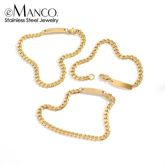 EManco Customizable Classic Charm Cuban Chain Bracelet Bar Stainless Steel PVD Gold Color Women's Anniversary Gift Bestie