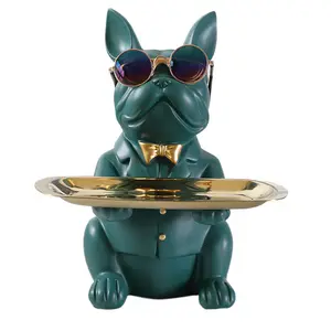 Resina cane maggiordomo decorazione vassoio portaoggetti cane maggiordomo statua con vassoio oro Bulldog francese Decor