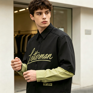 Factory Bulk Custom Contrast Splicing Fake Two <b>Layer</b> Shirt Custom Brand Embroidery Graphic High Quality Lightweight Woven <b>Top</b> - Product Image 2