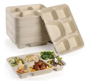 Heavy Duty Sugarcane Eco Friendly Bagasse School Lunch 6 Compartment Disposable Paper Plates Tray