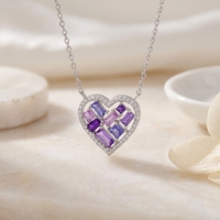 Collier Pendentif Cœur Mosaïque Scintillant ZG Élégant avec Zircons Cubiques Colorés, Plaqué Rhodium, Idéal Cadeau Bijou