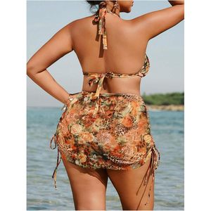 FOXA Ensemble bikini 3 pièces pour femme, grande taille, motif floral léopard, triangle à bretelles avec jupe de plage - Product Image 2