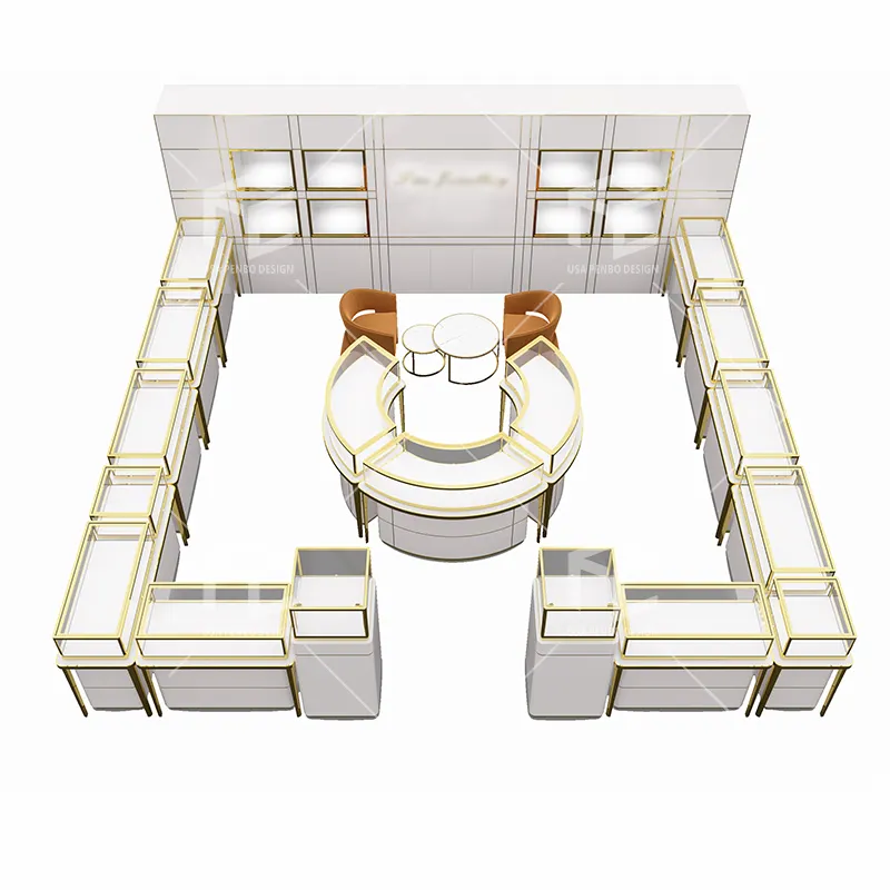 Изготовленный на заказ Золотой ювелирный выставочный зал мебель зеркальный ювелирный шкаф стеклянный дисплей Счетчик часов витрина магазина
