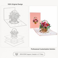 Carte de vœux florale pop-up 3D, panier de fleurs en papier, impression numérique, cadeau fait main pour la fête des mères