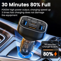 Chargeur USB pour voiture électrique 63W, 6 ports, charge rapide, Type-C PD30W QC3.0, adaptateur pliable avec lumière respirante