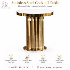 Wholesale Gold <b>Stainless</b> <b>Steel</b> Round Fluted Drum Cocktail <b>Table</b> with Mirrored Tempered Glass <b>Top</b> for Cocktail Parties - Product Image 3