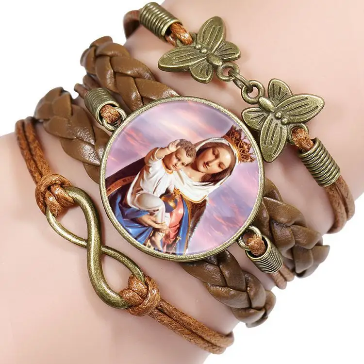 Virgin Mary Portret Glazen Medaille Meerlaagse Armband Handgemaakte Geweven Vlinder Infinity Combineren Lederen Armbanden Armbanden