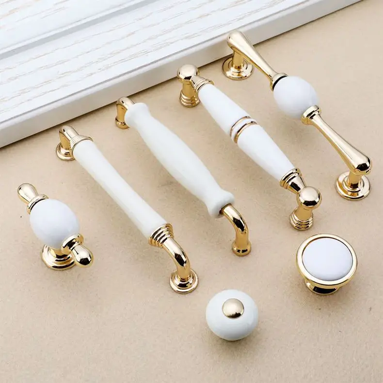 Hot Selling Furniture Ceramic Gold White Handles Wardrobes Door Handles Zinc Alloy Material Knobs for Kitchen Cabinets Furniture