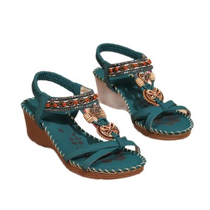Bohemian Wedge Pog Heel Beach Sandals Multi-color Floral Rhinestones Breathable Elastic Band Four Seasons Everyday Casual Style - Product Image 5
