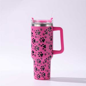 BORGE Copo de aço inoxidável com alça e canudo gravado a laser com estampa de pata de gato e leopardo 40 onças - Product Image 6