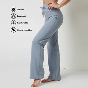 Özel Logo kadın spor Fitness spor gevşek cilt dostu düz Sweatpants dans cepler pantolon kadınlar geniş bacak Yoga pantolon