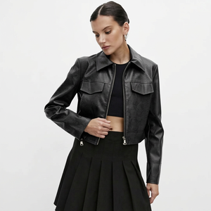 <b>FLY</b> FIT INTERNATIONAL <b>Women's</b> Black PU Faux Leather Breathable Water Resistant Trucker <b>Jacket</b> Long Sleeve Zip Turn Collar Short - Product Image 3