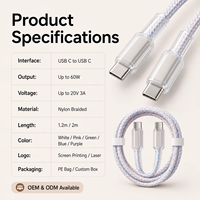 Câble USB C vers USB C multicolores 60W 3A, cordon de charge en nylon tressé effet cristal de glace pour accessoires mobiles, vente en gros