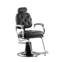 Fauteuil de barbier pliable en cuir synthétique noir, robuste, avec pompe hydraulique et repose-pieds réglable, pour salon commercial.