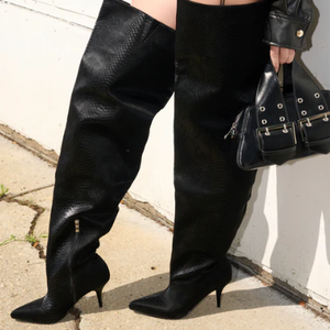 Bottes noires pour femmes à imprimé peau de serpent, à bout pointu et talon aiguille, bottes cuissardes tendance - Product Image 4