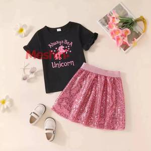 Vestido de Lentejuelas para Niña, Conjunto de Verano de Manga Corta, Camiseta Moderna con Unicornio y Falda Informal para Niñas - Product Image 1